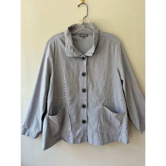 Habitat Sz S Oversized Hand Pockets Stretch Striped Wash Blue White Jacket - Picture 2 of 8
